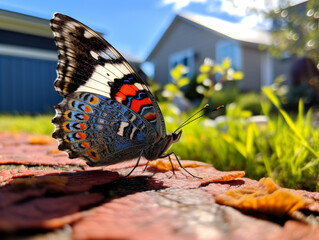 Obraz premium A Photo of a Butterfly in the Backyard of a House in the Suburbs