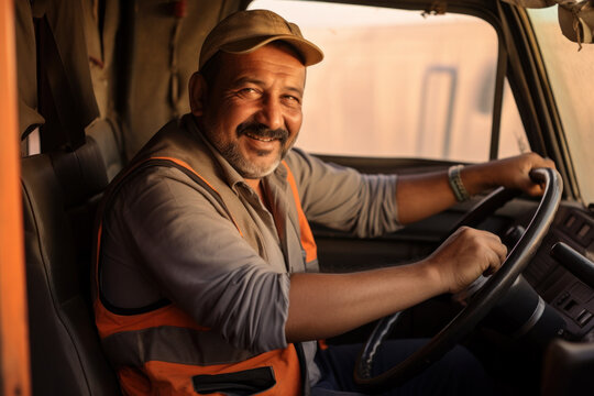 Professional truck driver smiling while looking at the camera.