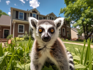 Obraz premium A Photo of a Lemur in the Backyard of a House in the Suburbs
