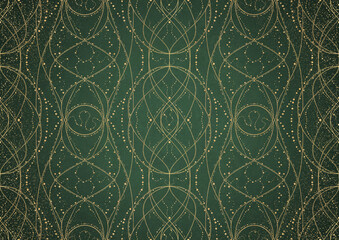 Hand-drawn unique abstract gold ornament on a green warm background, with vignette of darker background color and splatters of golden glitter. Paper texture. Digital artwork, A4. (pattern: p10-2b)