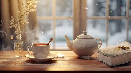 the rich colors of mulled wine in a clear glass mug placed near a frost-covered window. the windowsill with pine branches and red ribbons to enhance the holiday atmosphere. - obrazy, fototapety, plakaty