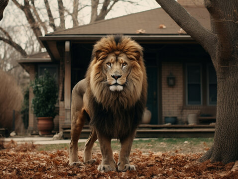 A Photo of a Lion in the Backyard of a House in the Suburbs