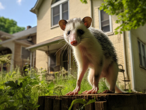 A Photo of a Opossum in the Backyard of a House in the Suburbs