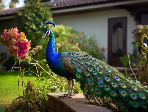 A Photo of a Peacock in the Backyard of a House in the Suburbs