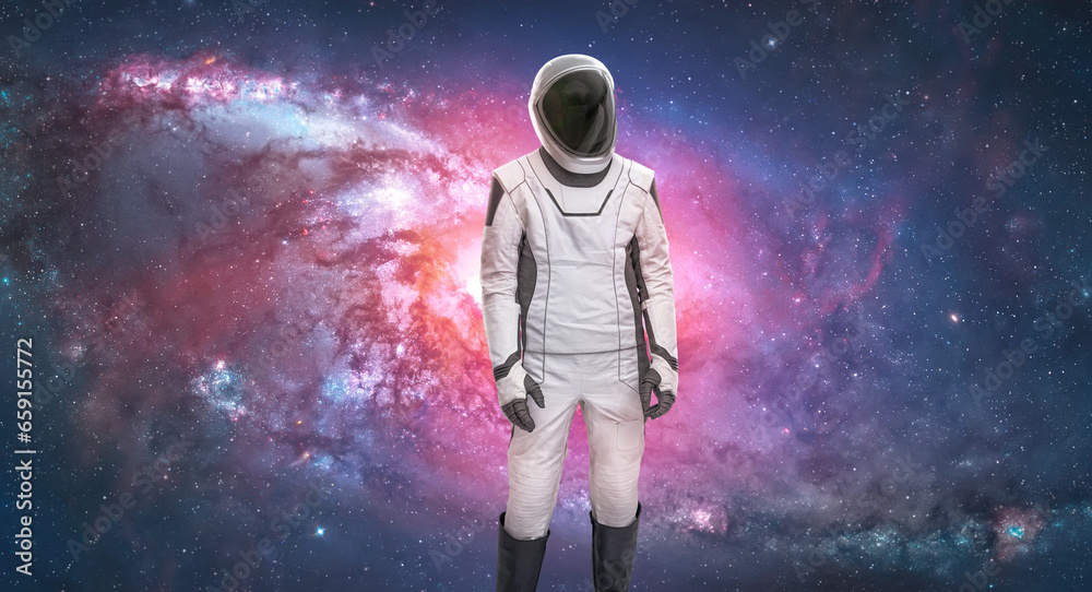 Poster astronaut stand in deep bright space. future space mission from earth planet. spaceman in stars. ele