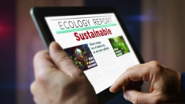 Sustainable green industry and eco friendly technology daily newspaper reading on mobile tablet computer screen. Man touch screen with headlines news abstract concept 3d.