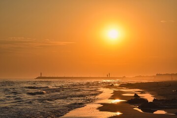 Colorful morning landscape on the Polish Baltic Sea. Sunrise on the beach in Leba, Poland. - 659156111