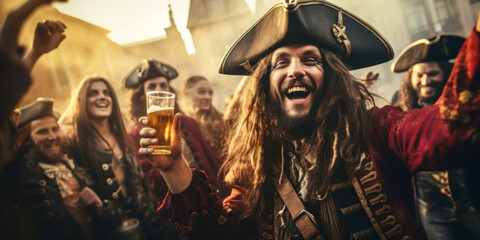 Naklejka premium Pirates drinking and celebrating, costumes, banner, copyspace