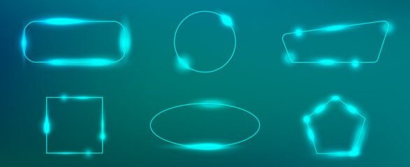 Set of six neon frames with shining effects
