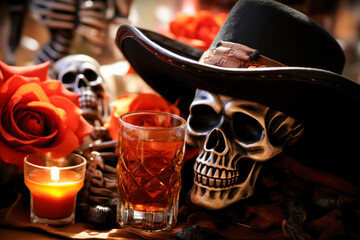 Skull with cowboy hat and glass of alcohol, still life, Halloween, Day of the Dead