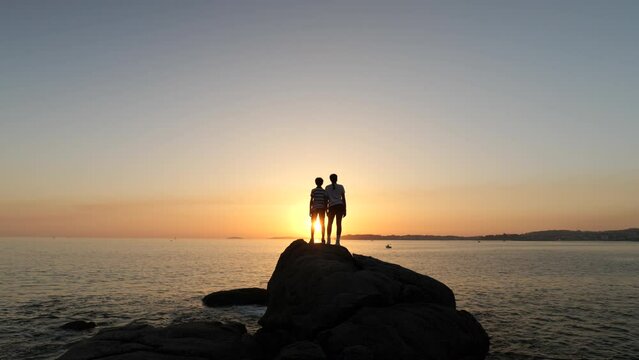 Video of a young couple, siblings, standing on a rock by the beach during sunset, rear view