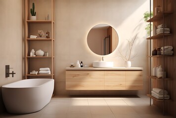 Interior of modern bathroom with beige walls, tiled floor, comfortable bathtub and round mirror. 3d rendering