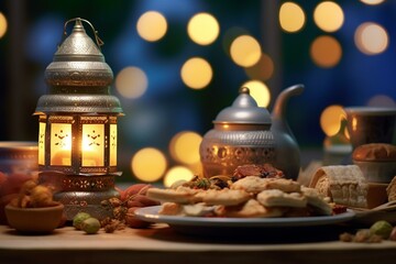 Fototapeta na wymiar A table with traditional iftar dishes, lantern, and bokeh background. Generative AI