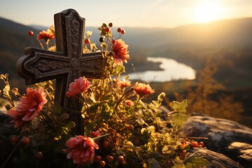 cross on the hill landscape with flowers