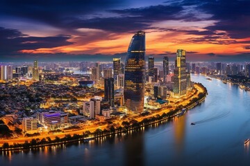A panoramic vista of Ho Chi Minh City's urban skyline in Vietnam. Generative AI - obrazy, fototapety, plakaty