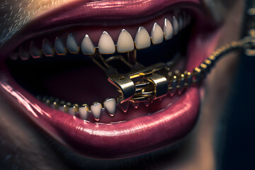 Female mouth and lips with a zipper on the teeth. Abstract display of serets, mystery, silence. Generative AI.
