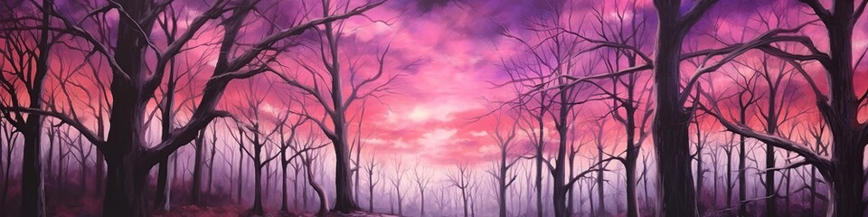 Obraz na płótnie Canvas illustration, a forest with trees and purple sky, website header