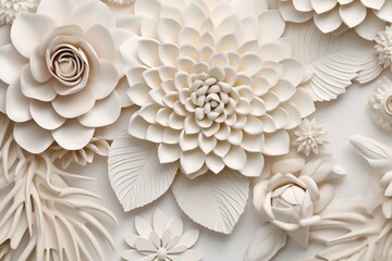 Abstract 3D floral wallpaper with paper flowers, leaves, and botanical pattern. Generative AI - obrazy, fototapety, plakaty