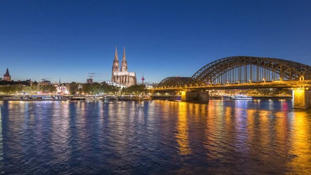 Cologne night skyline aerial view downtown city cologne germany,cologne cathedral bridge icon river and bridge.