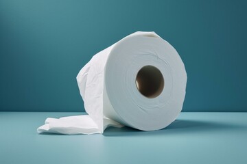 an unwound toilet paper on a blue backdrop. Generative AI