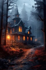 Fototapeta na wymiar illustration, a haunted house with light, and a gloomy forest