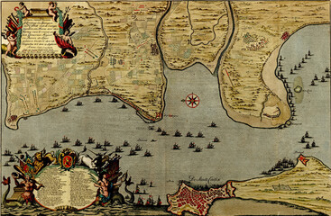 Antique map of  the battle of Cadiz, 1701 in Spain