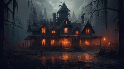 Crédence de cuisine en verre imprimé Forêt des fées illustration, a haunted house with light, and a gloomy forest