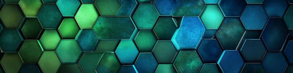 illustration, a green and blue mosaic with hexagon, website header