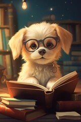 cartoon illustration, a cute dog reading a book
