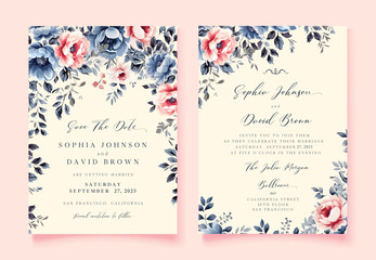 Watercolor Wedding invitation and Save The Date cards set with Vintage Blue and Pink flowers. Vector template.