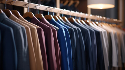 Elegant Men's Suits in Diverse Shades Displayed on Hangers, Showcasing High-Quality Craftsmanship and Style in a Premium Clothing Boutique.. - obrazy, fototapety, plakaty