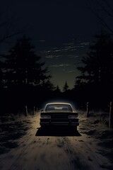 Fototapeta na wymiar illustration, a car in a dark forest at night