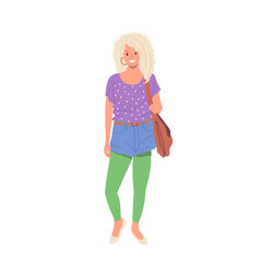 Happy old-fashioned female cartoon character wearing 90s retro-styled leggings, shorts and t-shirt