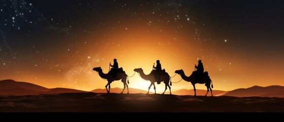 Silhouette of Three wisemen riding their camels on their way to visit baby Jesus  - obrazy, fototapety, plakaty