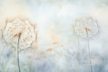 Light-toned watercolor dandelions on wallpaper with a background depicting freedom of flight. Generative AI