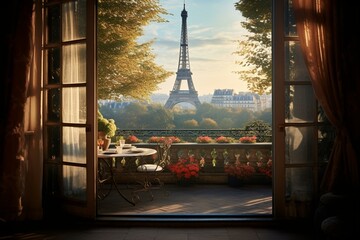 View of the Eiffel Tower from a window in a Parisian space. Generative AI - obrazy, fototapety, plakaty