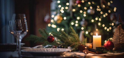 Christmas eve dinner by Christmas tree, festive spirit, copy space 