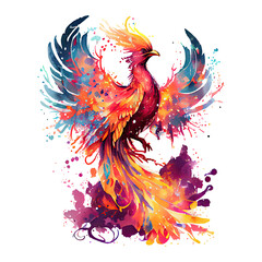 Obraz premium A blazing phoenix spreading its fiery wings amidst a burst of colorful abstract splashes