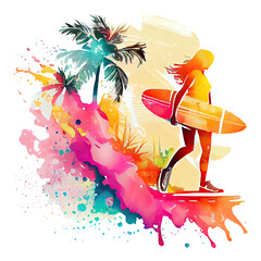 Vibrant illustration of a surfer girl against a sunlit tropical backdrop with palm trees