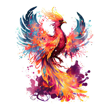 A blazing phoenix spreading its fiery wings amidst a burst of colorful abstract splashes