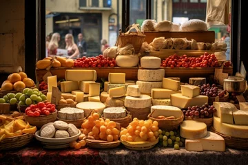 Fotobehang Italian food market: cheese, pepperoni, formaggio crociato fresco, Tuscan delicatessen stall display, Florence. Generative AI © Hakeem