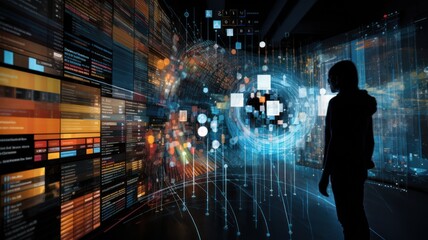 A man stands in front of a huge data screen in a dark office. The concept of data and its processing by an analyst 