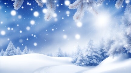 Naklejka premium Beautiful winter background image of frosted spruce branches and small drifts of pure snow with bokeh Christmas lights and space for text.