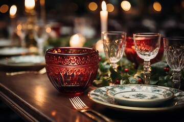 Fototapeta na wymiar Christmas table decorations and wine glasses