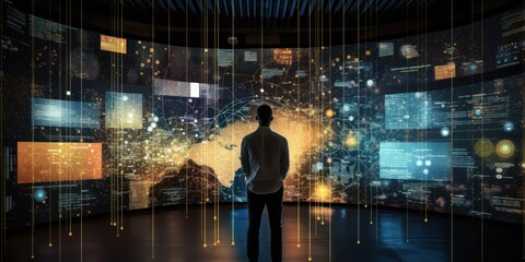 A man stands in front of a giant computer screen in a dark office. The concept of data and its processing - obrazy, fototapety, plakaty