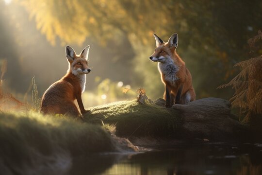 An image depicting a fox and hare in a natural setting. Generative AI