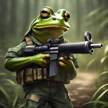 a realistic photo of a frog holding a gun, surgent frog , animated cartoonish picture, a fighter frog ready for war