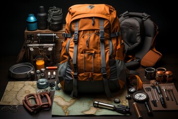 A traveler's backpack and essential gear, neatly arranged for an adventure, with maps, hiking boots, and a camera ready for a day of exploration - obrazy, fototapety, plakaty