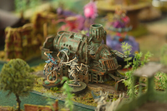DAUGAVPILS, LATVIA - OCTOBER 7, 2023: Tournament Golden Urn. Warhammer 40k game in progress, close view