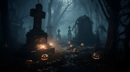 Spooky halloween night in a cemetery. Halloween background with pumpkins in a cemetery - obrazy, fototapety, plakaty